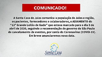 Santa Casa de Jales suspende 12º Grande Leilão de Gado